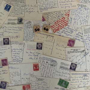 50 vintage postcards from the 1950s and 1960s with interesting messages or beautiful handwriting — perfect for art projects, junk journals