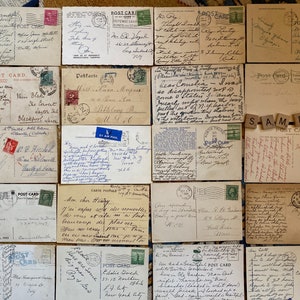 May include: A collection of vintage postcards with handwritten messages. The postcards are in various colors and feature different designs, including a lighthouse, a beach scene, and a cityscape. Some of the postcards have stamps and postmarks.