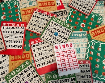 Vintage holiday-colored bingo cards, SET OF EIGHT, perfect for Christmas gifts, decoration, parties, cards, gifts, scrapbooks