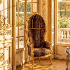 French Louis XV Style Balloon Chair: Leopard Print Canopy, Gold Leaf Wood Frame