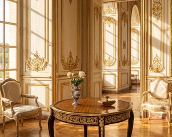May include: An elegant room with ornate gold trim and paneling. A round wooden table with a decorative top and curved legs sits in the center. Two upholstered chairs and a vase of flowers are also visible.