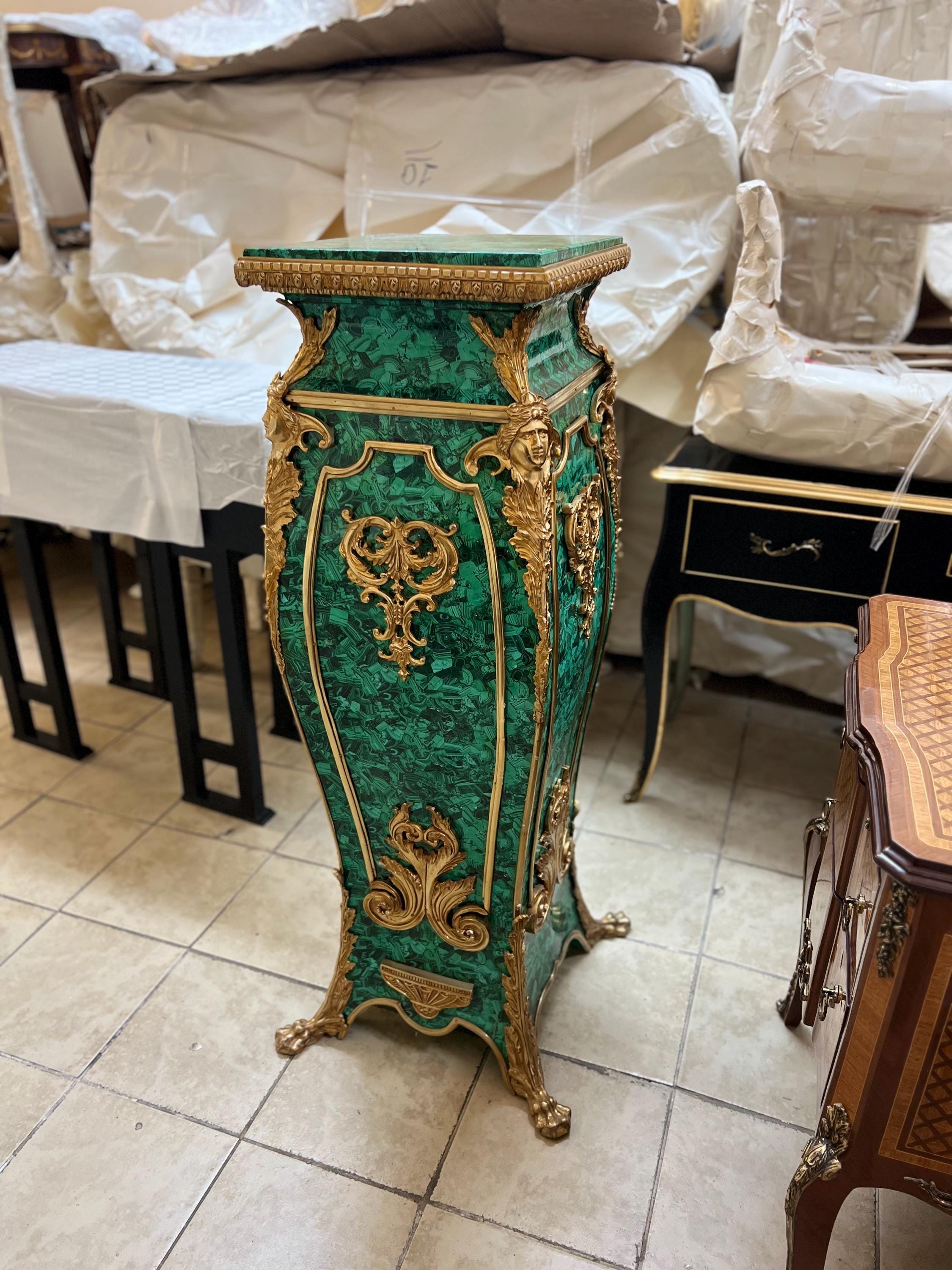 Pair of Louis XV Faux Malachite Pedestal Table Stands French Style