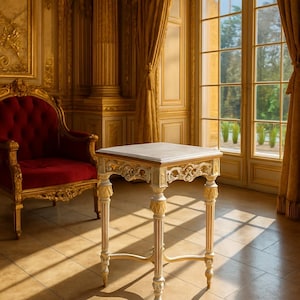 May include: A small, ornate side table with a square top and intricately carved details. The table features a cream-colored finish with gold accents. The table is approximately 24 inches tall and 20 inches wide, with a marble-like top. The table is in a room with a red chair.