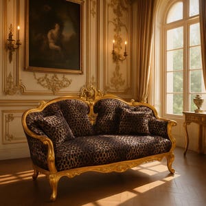 Leopard Animal Print French Style Settee Gold Leaf Loveseat Sofa