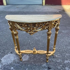 Louis XVI Half Moon Console Table: Gilded Gold Leaf, Marble Top