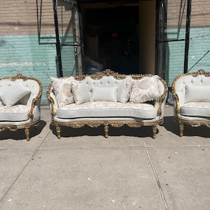 Louis XV 3 Piece Gold Leaf Wood Salon Sofa Set Settee Set