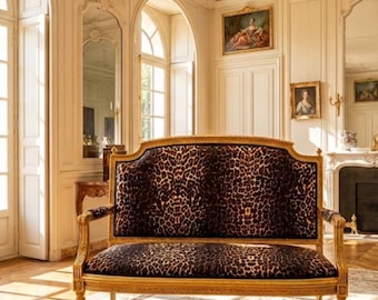 Leopard Animal Print French Style Settee Gold Leaf Loveseat Sofa
