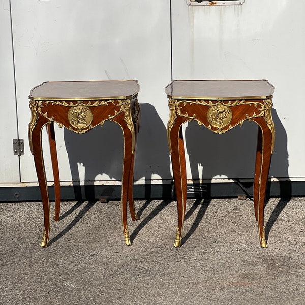 Pair of Louis XV Style Side Tables Gueridon with Marquetry