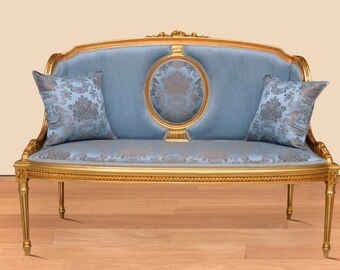 Made to Order Louis XV Settee Gold Leaf blue Sofa