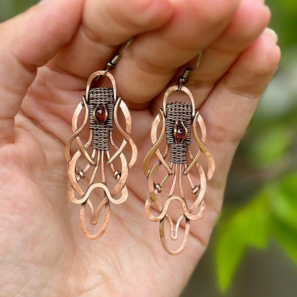 Wire Wrapped Copper Geometric Earrings Woven Wire Jewelry Sacred Geometry Wearable Art Amethyst Alternative Trending Fast Shipping