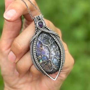 Wire Wrapped Tree of Life Sterling Silver Statement Pendant Purple Labradorite Jewelry One of a Kind Stunning Necklace Gift for Her Gothic