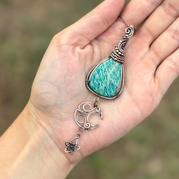 Dainty Lariat Necklace Wire Wrapped Amazonite Blue Sun Moon Star Celestial Necklace Blue Celestial Jewelry Pendant Top Quality Wire Wrapping