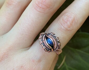 White Moonstone Ring Handmade wire woven ring Antiqued copper wire Beatiful shimmer Ornate wire woven ring Smooth oval gemstone Size 7