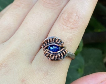 White Moonstone Ring Handmade wire woven ring Antiqued copper wire Beatiful shimmer Ornate wire woven ring Smooth oval gemstone Size 7