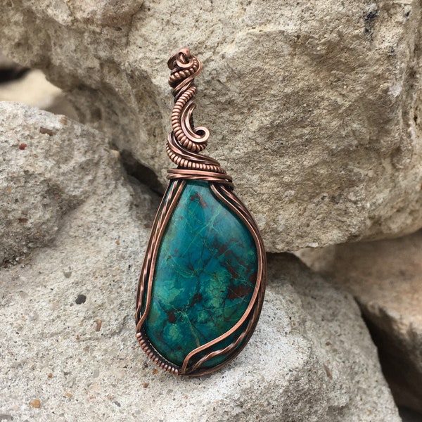Unique Handmade Wire Wrapped chrysocolla Necklace Statement Copper Woven Wire Jewelry Moon Sun Star Celestial