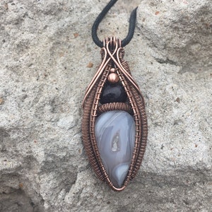 Wire Wrapped Lace Agate Blue Sandstone Pendant Necklace Talisman One of a Kind Handmade Gift Copper Jewelry