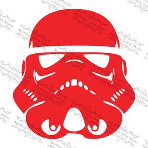 May include: Red and white silhouette of a Star Wars Stormtrooper helmet.