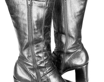 Vintage Charles David Czarne skórzane buty z kwadratowym noskiem i klockowym obcasem z lat 90.