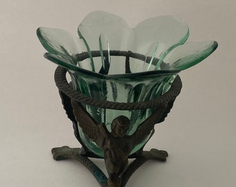 VINTAGE Green Recycled Blown Glass Tulip Shaped Vase Made in Spain & Brass Angel Holder for Candles, Plants Scented Oil.