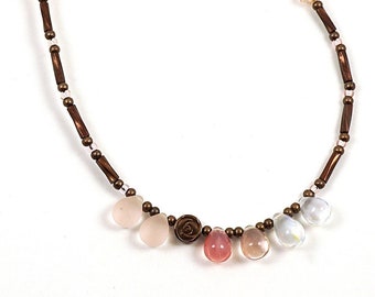 ON VACATION, Thin Pink Teardrop Necklace, Small Glass Drop Charms, Rose Hematite, Tiny Copper Beads, Unique Artisan Bohemian Boho