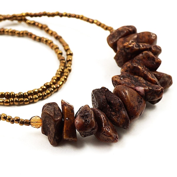 Chocolate Brown Stone Necklace, Chunky Nuggets, Thin Tiny Small Copper Beads, Handmade Artisan Tribal Ethnic Bohemian