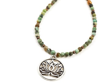 ON VACATION Thin African Turquoise Necklace, Silver Lotus Charm, Tiny Natural Stone Beads, Handmade Buddhist Tribal Ethnic Bohemian