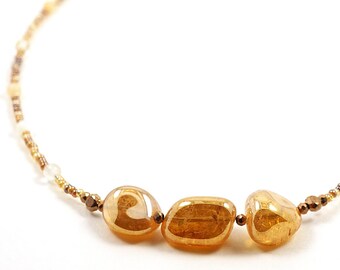 ON VACATION Orange Aura Glass Nuggets, Thin Necklace, Small Semiprecious Beads, Unique Artisan Bohemian Boho