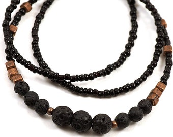 ON VACATION Thin Black Lava Stone Necklace, Tiny Copper Cubes, Small Beads, Unique Artisan Tribal Ethnic