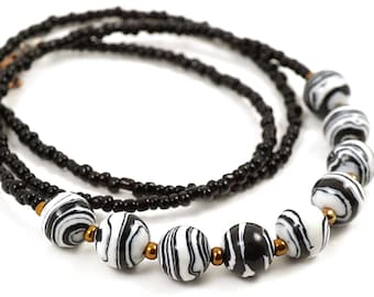 ON VACATION Thin Black and White Zebra Necklace, Geometric Modern Minimal Beads, Unique Artisan Jewelry
