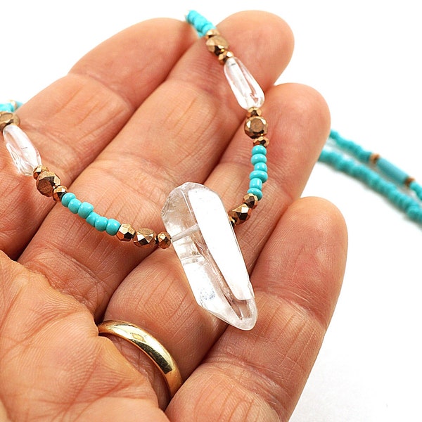 Exquisite Quartz Point Necklace, Tiny Copper, Thin Turquoise Seed Bead Choker, Unique Minimal Modern