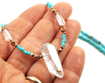 ON VACATION Exquisite Quartz Point Necklace, Tiny Copper, Thin Turquoise Seed Bead Choker, Unique Minimal Modern