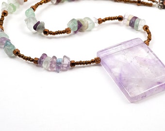 ON VACATION, Exquisite Purple Pink Fluoride Necklace, Large Natural Crystal Rectangle Thin Copper Seed Bead Necklace Unique Gemstone