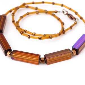 ON VACATION, Thin Copper and Brown Glass Necklace, Geometric Modern Minimal 3D Rectangular Prism Beads, Unique Artisan Jewelry image 3