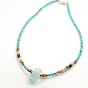 ON VACATION, Blue Aura Quartz Point Necklace, Amazonite, Tiny Copper, Thin Turquoise Seed Bead Choker, Unique Minimal Modern image 5