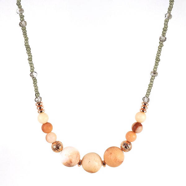 ON VACATION, Matte Peach Pink Aventurine Stone Necklace, Tiny Rose Gold Lava Stone Hematite, Gray Crystals, Unique Artisan Tribal