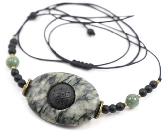 ON VACATION, Bohemian Green and Black Stone Necklace, Natural Serpentine Oval, Black Lava Stone, Gift for him or her