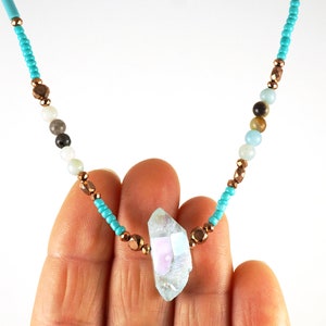 ON VACATION, Blue Aura Quartz Point Necklace, Amazonite, Tiny Copper, Thin Turquoise Seed Bead Choker, Unique Minimal Modern image 4