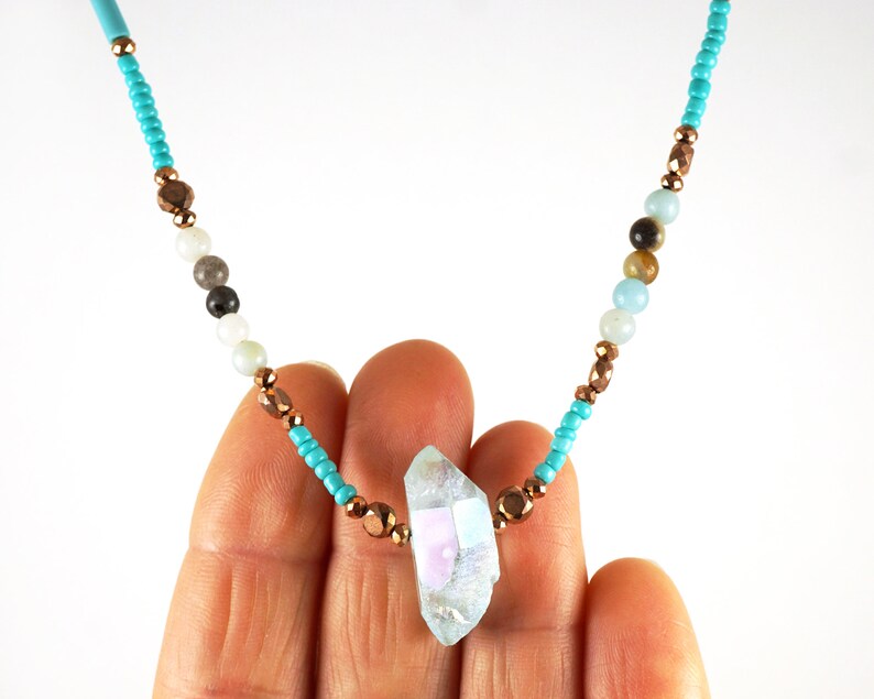 ON VACATION, Blue Aura Quartz Point Necklace, Amazonite, Tiny Copper, Thin Turquoise Seed Bead Choker, Unique Minimal Modern image 4