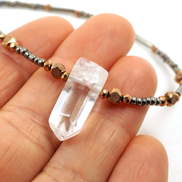 Exquisite Quartz Point Necklace, Rustic Crystal Pendant, Thin Copper Metallic Seed Bead Choker, Unique Minimal Modern