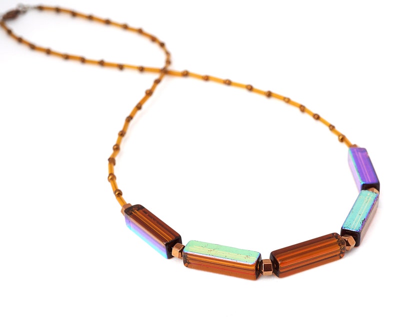 ON VACATION, Thin Copper and Brown Glass Necklace, Geometric Modern Minimal 3D Rectangular Prism Beads, Unique Artisan Jewelry image 2