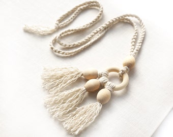 Eco Friendly Cotton Crochet String Necklace, Easy to Wear Natural Wooden Beads with Tassels