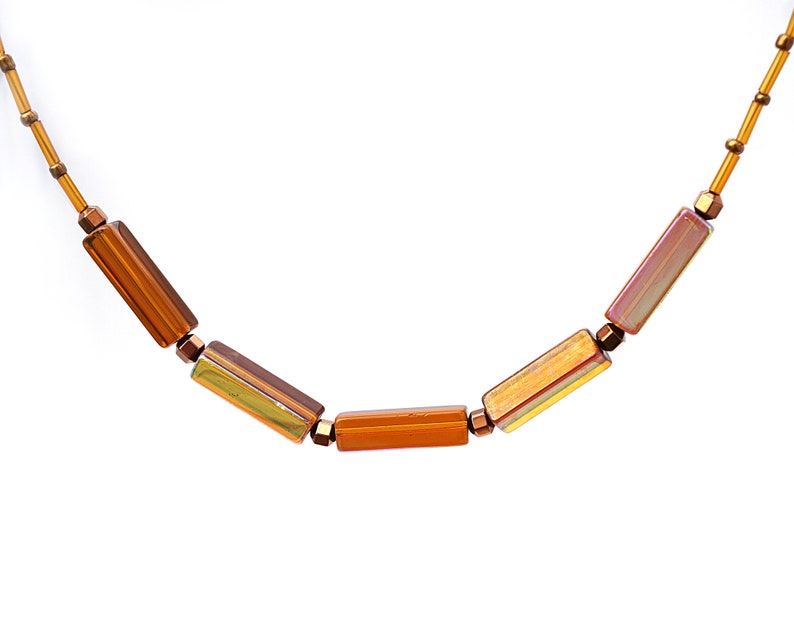 ON VACATION, Thin Copper and Brown Glass Necklace, Geometric Modern Minimal 3D Rectangular Prism Beads, Unique Artisan Jewelry image 1