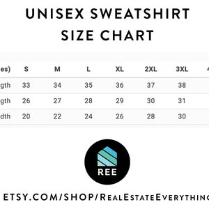 May include: Unisex sweatshirt size chart in inches.  The chart shows the sleeve length, full body length, and body width for sizes S through 5XL.