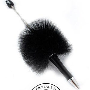 Set of 2 - BLACK FLUFFY / POMPOM Pens - Beadable - Supplies - Diy Jewelry Making - Gifts