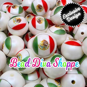 Exclusive - set of 10 - 20mm - mexican flag - on white acrylic beads - diy jewelry making - beaded pens - keychains - bracelets