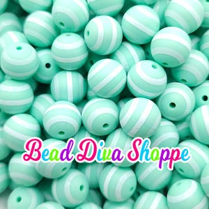 Set of 10 - 15mm - mint stripes - round silicone beads - diy jewelry making - beaded pens - keychains - bracelets