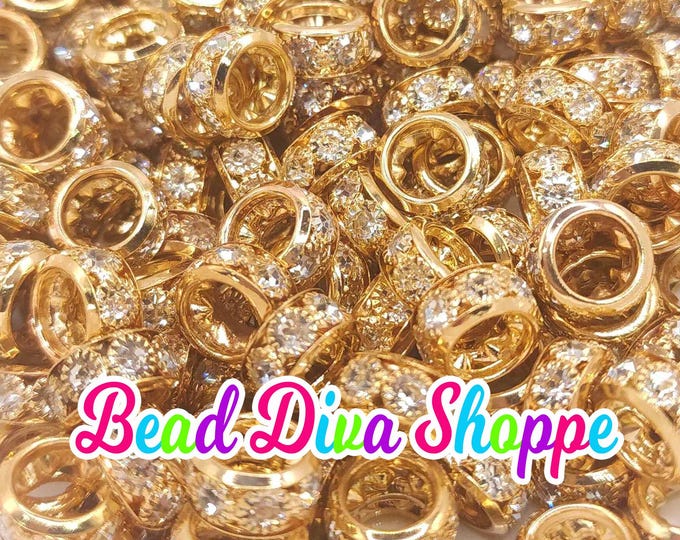 12mm - SET of 10 - GOLD - Big Holes Crystal Rhinestone Spacer Rondelles ...