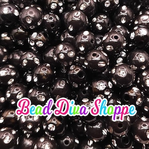 12mm - Set of 50 - BLACK Bling Beads - Bubblegum - Rhinestone -   Acrylic Beads for DIY and Jewelry Making Supplies