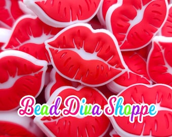 Set of 2 -  33mm x 22mm - red lips - focal  beads - diy jewelry making - beaded pens - keychains - bracelets
