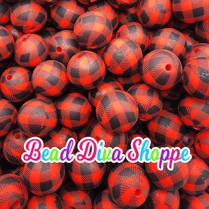 Set of 10 - 15mm - red / black checkered - round silicone beads - diy jewelry making - beaded pens - keychains - bracelets